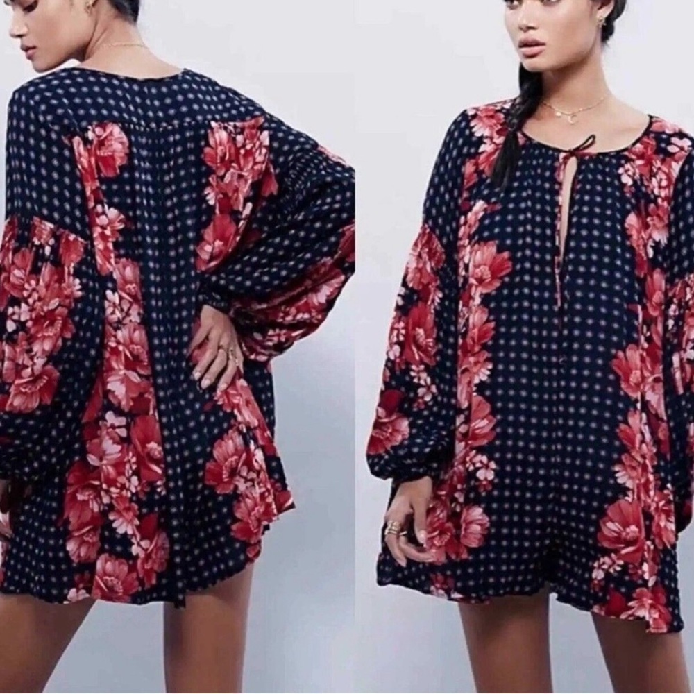 Free People Sunset Boulevard Floral Peasant Romper Oversized Long Sleeve - XS - Picture 1 of 10